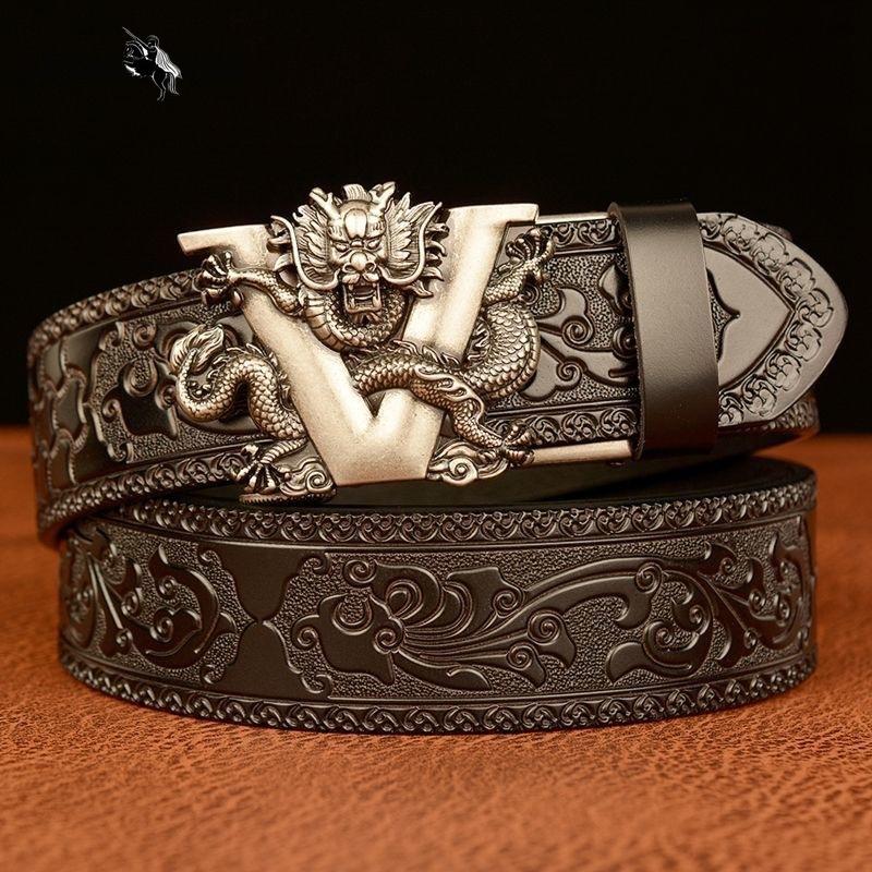 Carved Alloy Buckle Automatic Buckle Trouser Belt Genuine Leather Men's Belt Casual All-match Belt