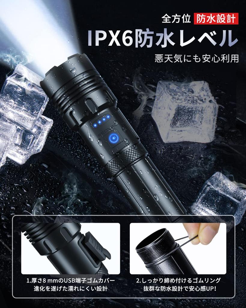 XHP160 LED Powerful Lumens with 7 Lighting Modes 3 Main Bulbs 4 COB Powerful Handheld Compatible with IPX6 Aluminum Battery Level Ideal for Disaster