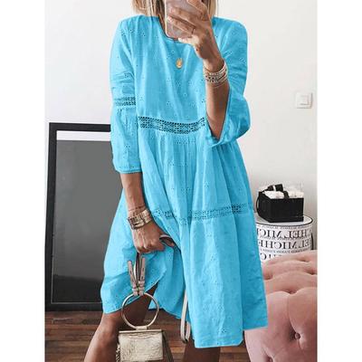 Boho Damen Einfarbig Hohlärmel Patchwork Mittelange Kleider