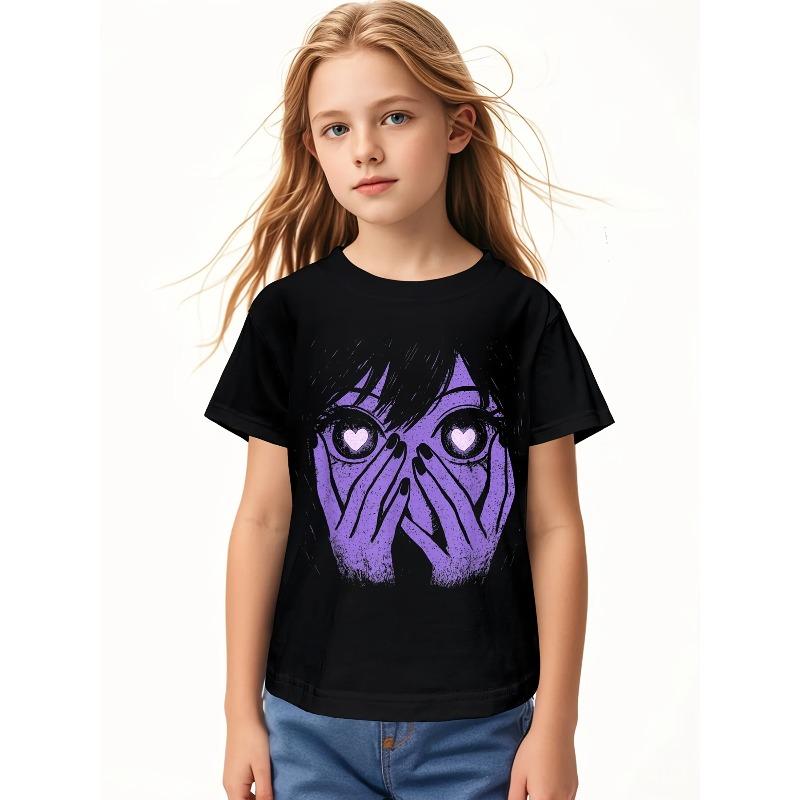 European sizes Soft Breathable Anime Eyes Girl Hearts Manga Otaku Grunge Alt Goth Aesthetic T-Shirt for Kids | Boys & Girls Graphic Tee