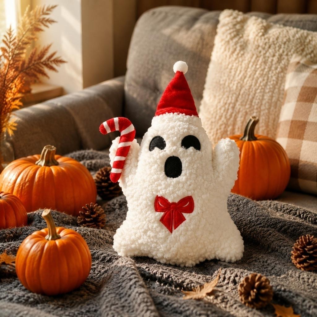 Plush Ghost Dog Toy Soft Stuffed Animal Halloween Decoration with Pumpkin Accessory for Kids and Collectors