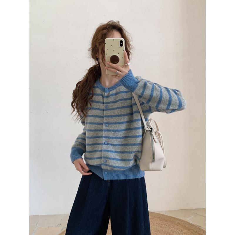 New round neck simple striped design single-breasted long-sleeved loose cardigan women's basic cardigan
