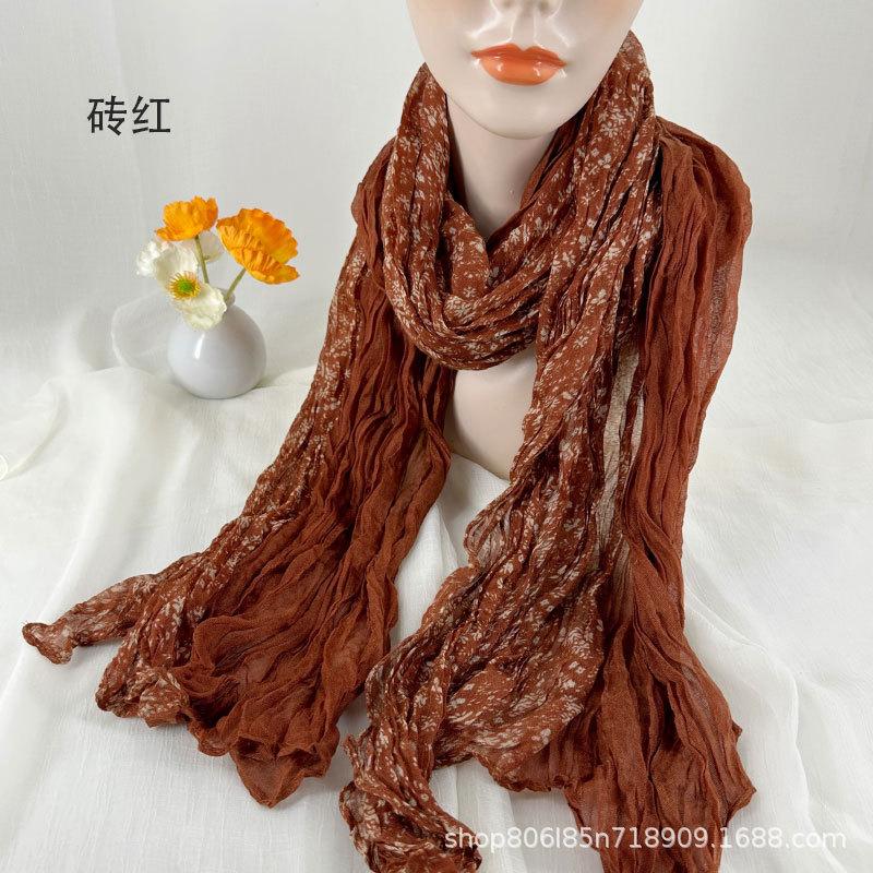 Women's Cotton and Linen Scarf Printed Pleated Scarf Vintage Scarf Small Floral Scarf