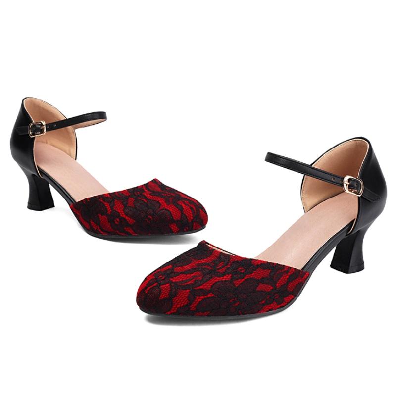 Women's Medium Heels D'Orsay Shoes Summer 2025 Fashion Lace Strap Black Red Short Heeled Party Wedding Shoes Female Big Size 48