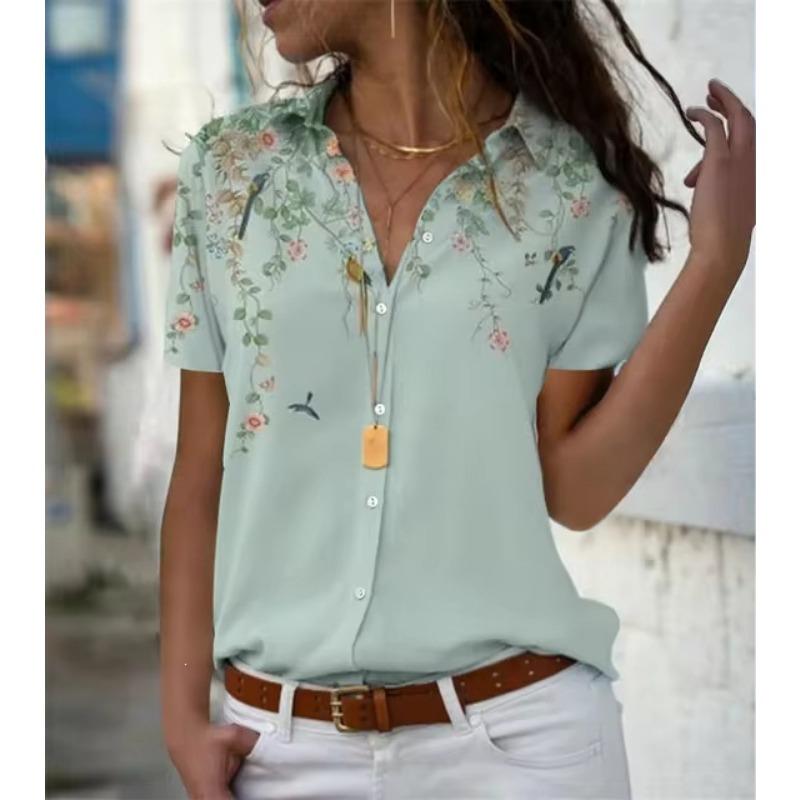 Women Floral 3d Printed Short Sleeve Turn Down Collar Casual Shirt