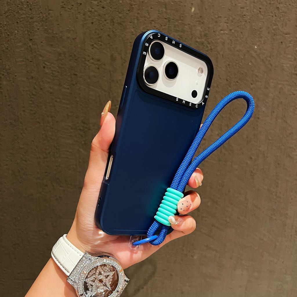 For iPhone 17 Pro Case Black Lens Frame Metal Paint Finish PC + TPU Phone Back Cover with Wrist Strap