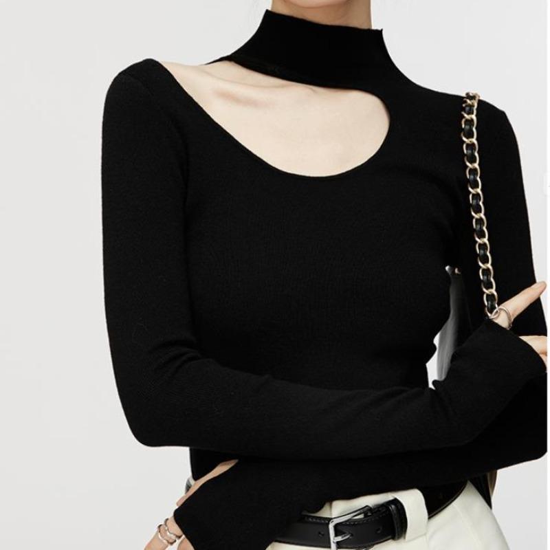 Half-turtleneck halterneck sweater women's autumn and winter new early spring inner mid-neck base layer off-the-shoulder knitted top