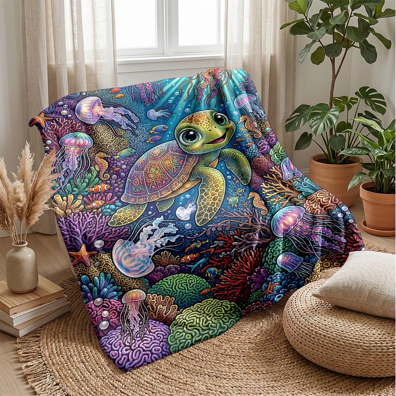 Oceanic Sea Turtle Adventure Theme Blanket Lightweight Warm Flannel Blanket Decorative Throw Blanket for Home Decoration