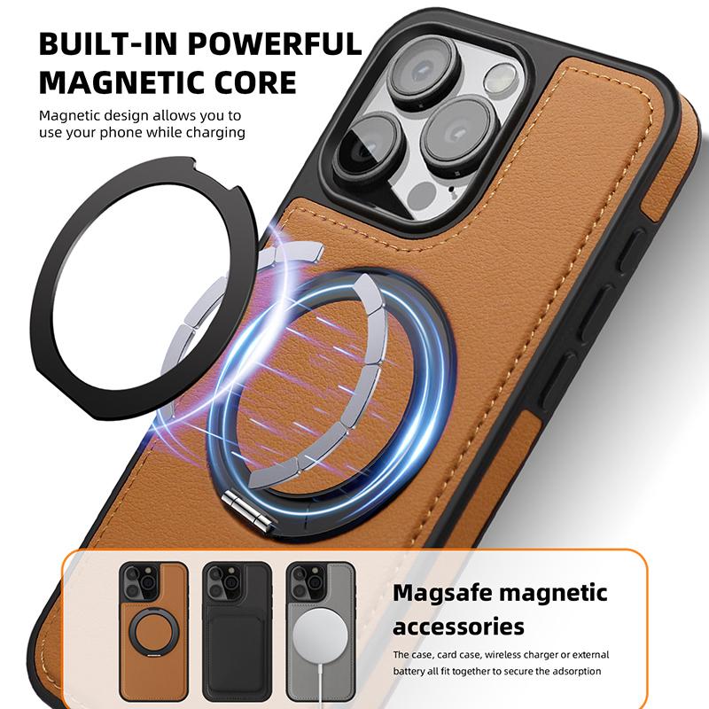 iPhone 17 16 15 14 13 12 11 Pro Max Plus için İş Derisi Dönen Braketli Telefon Kılıfı Magsafe Manyetik Halka Stand Tutucu Kapak