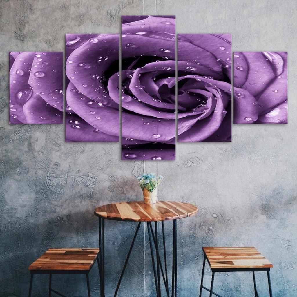 Purple Rose Flower Mist Drops 5 Piece Five Panel Wall Canvas Print Modern Art Poster Picture Home Decor Gift For Him For Her