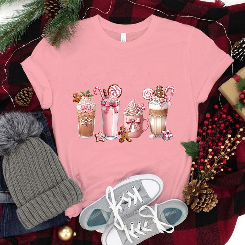 Funny Christmas Coffee Print Women Loose Short Sleeve Round Neck Top Female Casual