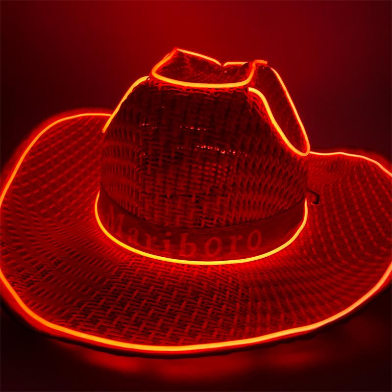 LED Luminous Cowboy Hat - Western Style for Men & Women, Large Brim Straw Sun Hat for Summer and Outdoor Performances
