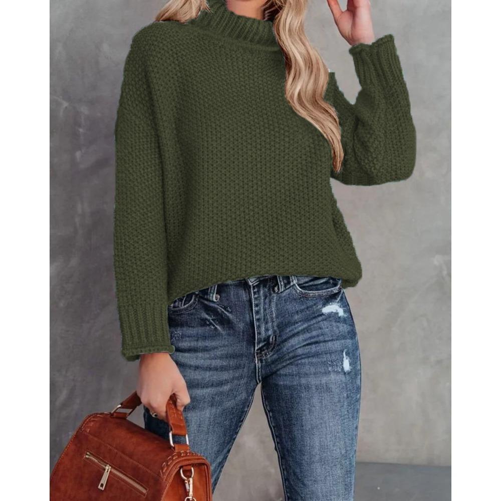 New Autumn and Winter Knitted Sweater, Solid Color High-neck Casual Loose Sweater Pullover