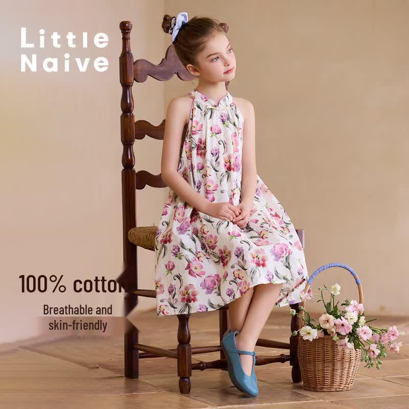 Little Naive Girls New Chinese Style Floral Cotton Sleeveless Dress 170