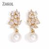 ZAKOL Fashion Round Imitation Pearl Pendant Earring for Women Shiny Crystal Zircon Flower Earrings Wedding Party Jewelry