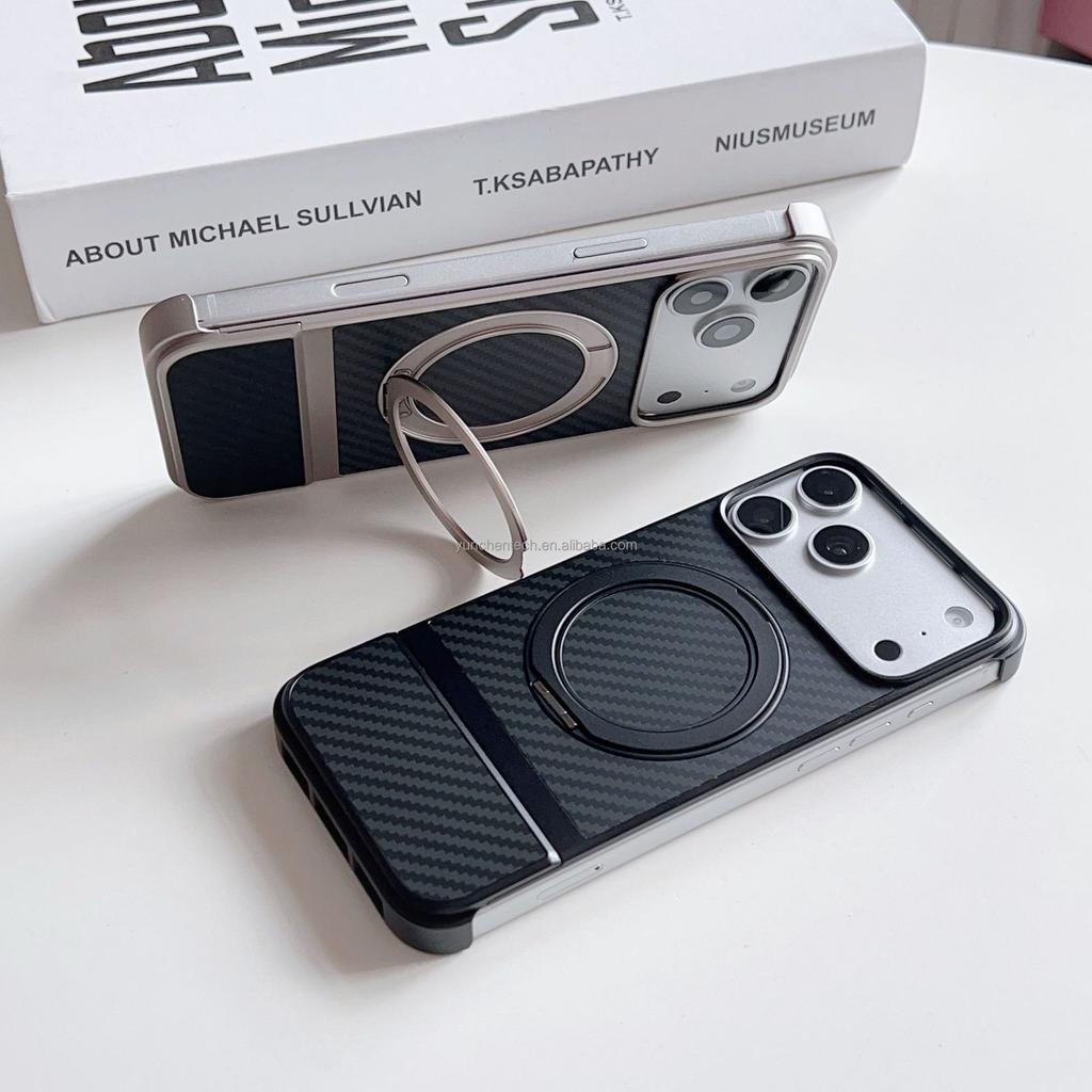 Luxury Men Girl 360 Rotation Magnetic Shockproof Ring Stand Cover Metal Magnetic Carbon Fiber Phone Case for Iphone 17 Pro Max