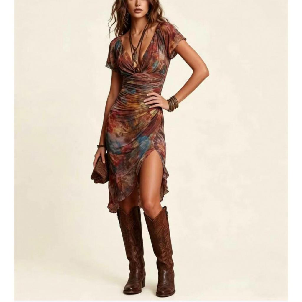Boho-Print V-Ausschnitt Tailliert Schlankmachendes Mittellanges Elegantes Modekleid für Damen Europäischer Amerikanischer Stil