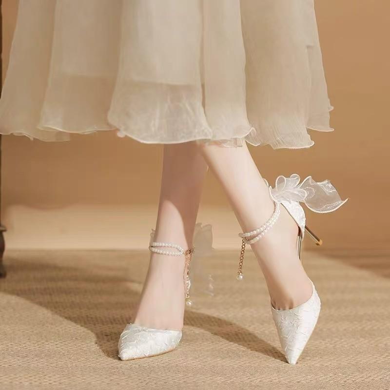 Fashion French Mesh Shoes, Women's New Summer Breathable Mesh High Heels, Slim Heels, Fish Mouth, Sexy Lace Lace One String Sandals