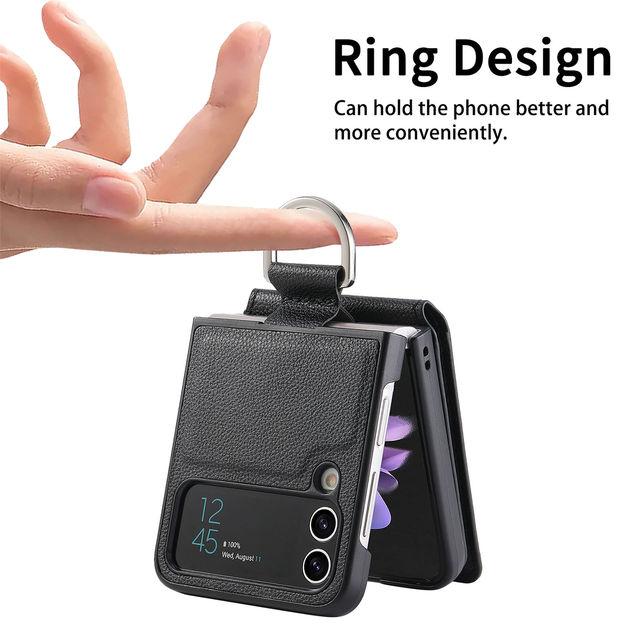 För Samsung Z Flip 4 Zflip4 Anti-Falling Finger Ring Korthållare Läderfodral För Samsung Galaxy Z Flip 4 Flip4 5g telefonskal
