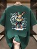 Men's summer 100% pure cotton fashionable casual loose black rabbit cartoon pattern printed round neck short sleeved T-shirt top