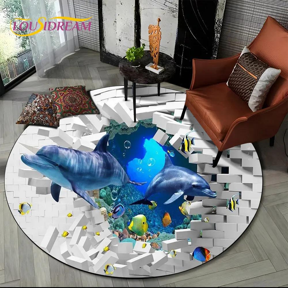 3D Seabed Illusion Underwater World Dolphin Round Area Rug,Carpet for Living Room Bedroom Sofa Playroom Decor,Non-slip Floor Mat
