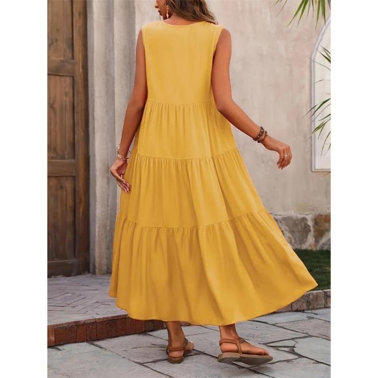 Women Elegant V-neck Loose Long Dresses Casual Vacation Beach Holiday Summer Femme Yellow Black RUFFLES