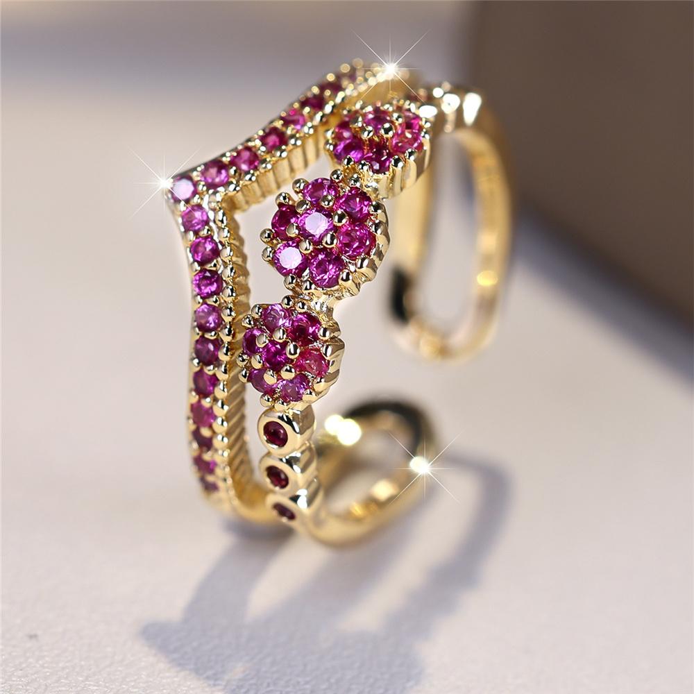 Charm Female Green Purple Blue Zircon Stone Open Adjustable Ring Vintage Gold Color Wedding Jewelry For Women