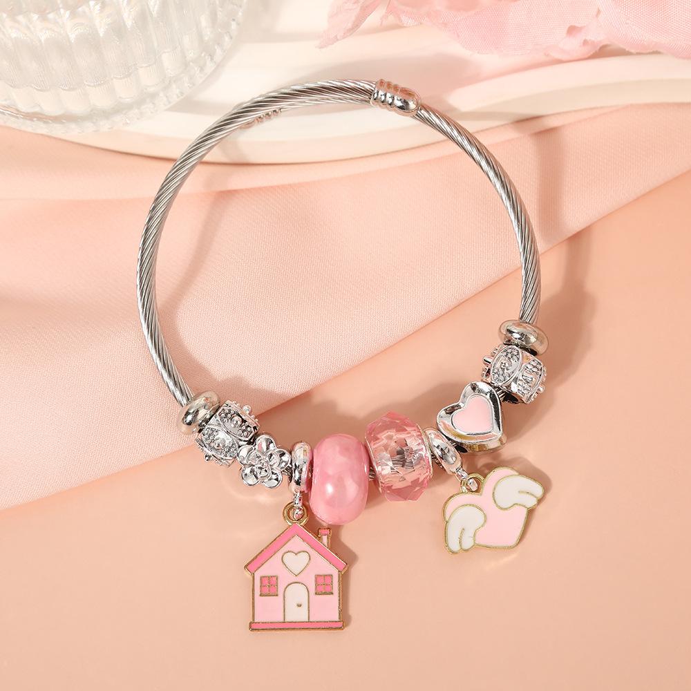 Cute Cartoon Bear Angel Heart Beaded Bracelet Stainless Steel Valentine Gift for Her Girlfriend Women