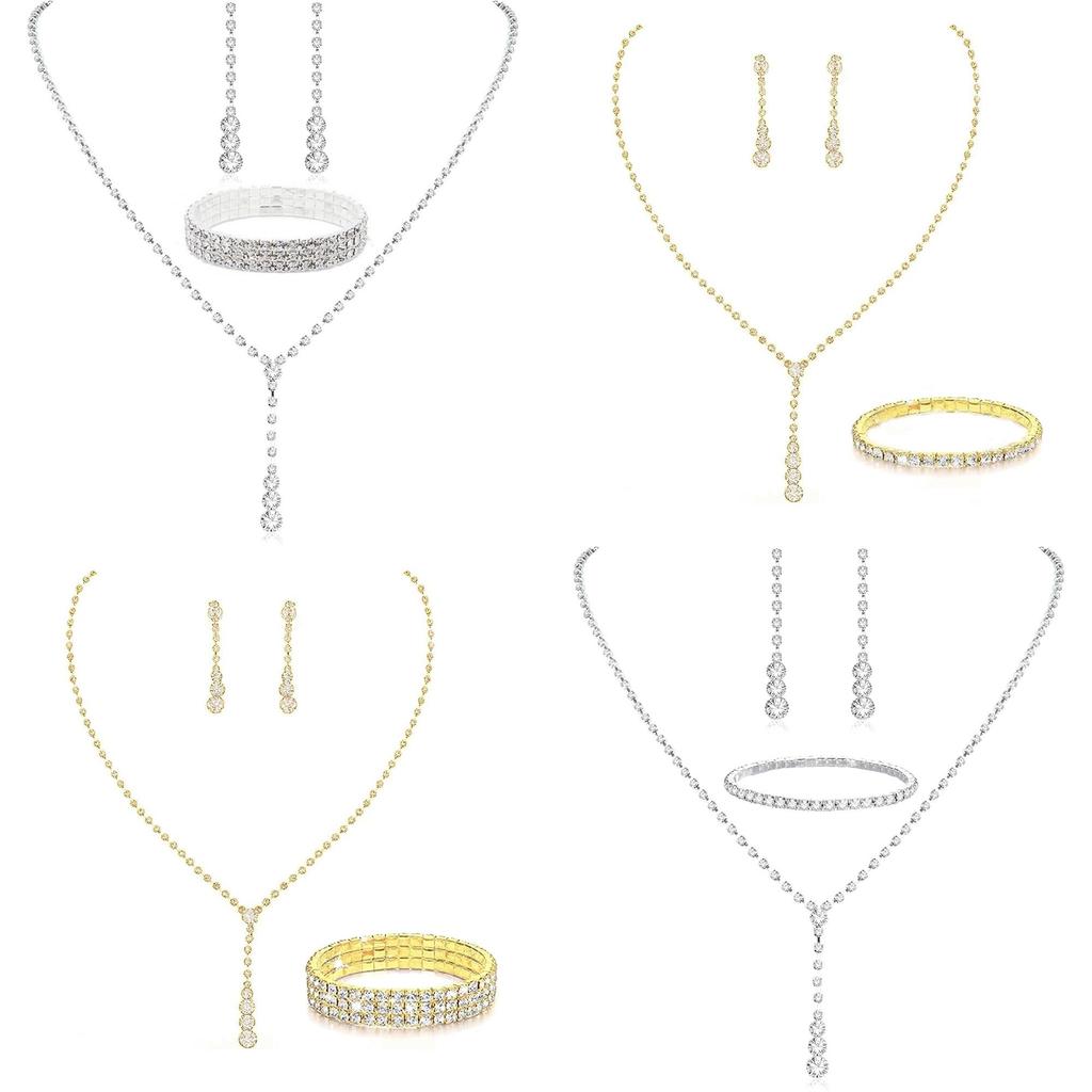 Elegant Silver Alloy Bridal Necklace Earrings Bracelet Set With Geometric Design For Wedding Party