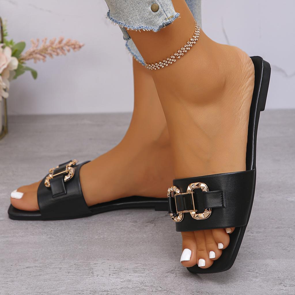 Women Slippers Summer Comfort Outdoor Shoes Square Toe Non Slip Beach Sandals Metal Chain Flat Slippers Slides Women