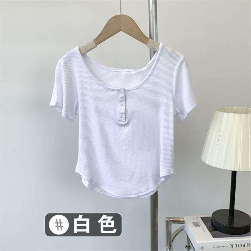 Front Shoulder Threaded Button Design Short Sleeve Shirt Women s Solid Color Bottom Shirt Irregular Short Top Trend S