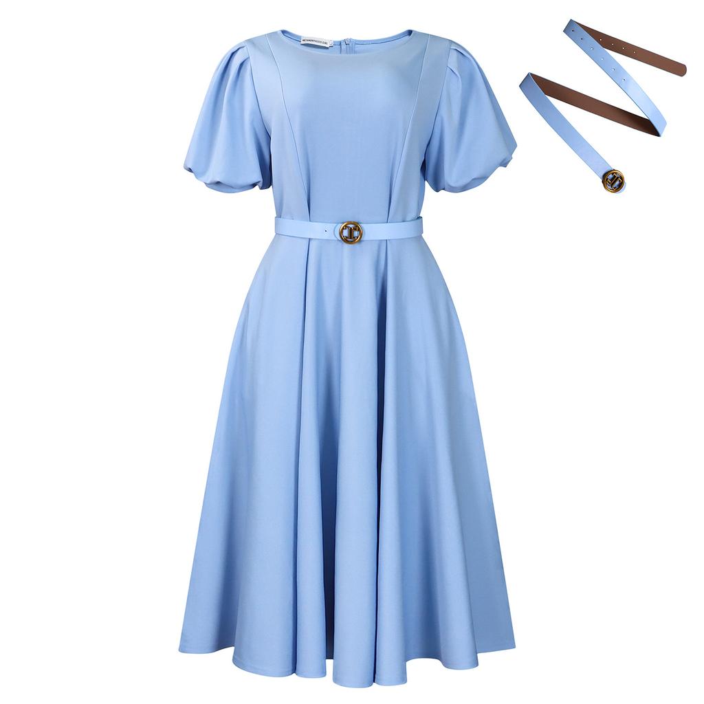 Women's Summer Fashion Bubble Sleeves Elegant High Waist Solid Color Round Neck Large Skirt Dress