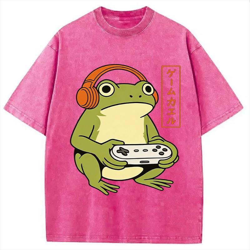 Japanese Gamer Frog Washed T-Shirt Fashion Summer Cotton Harajuku Sports Tees Y2K Vintage Holiday Tunics Unisex