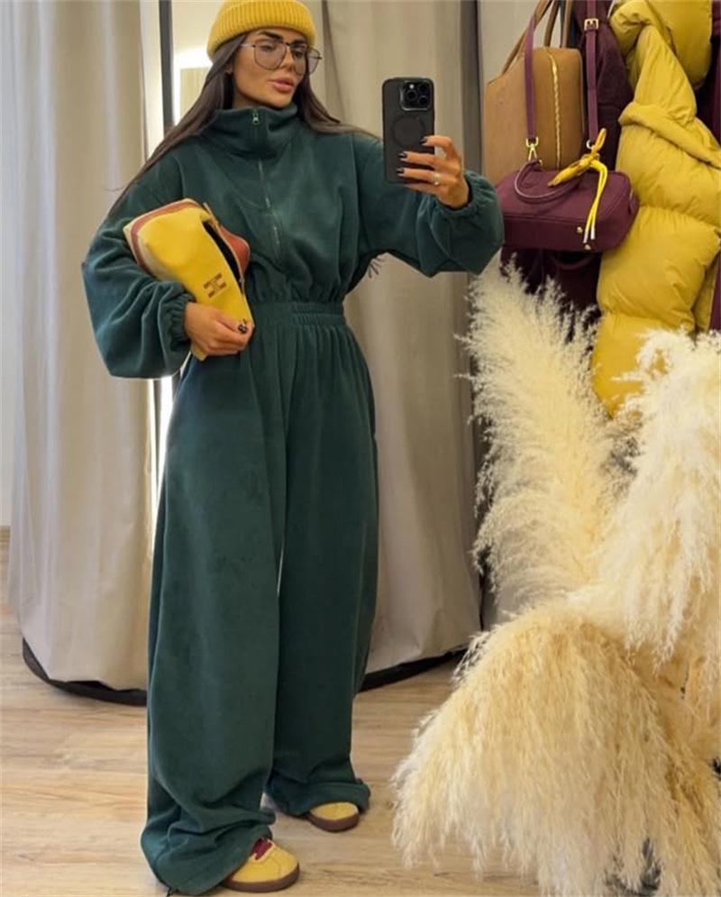 European and American Autumn and Winter Women's New Fashion Long-sleeved Jumpsuit Women's Casual Semi-open Elastic Waist Jumpsuit
