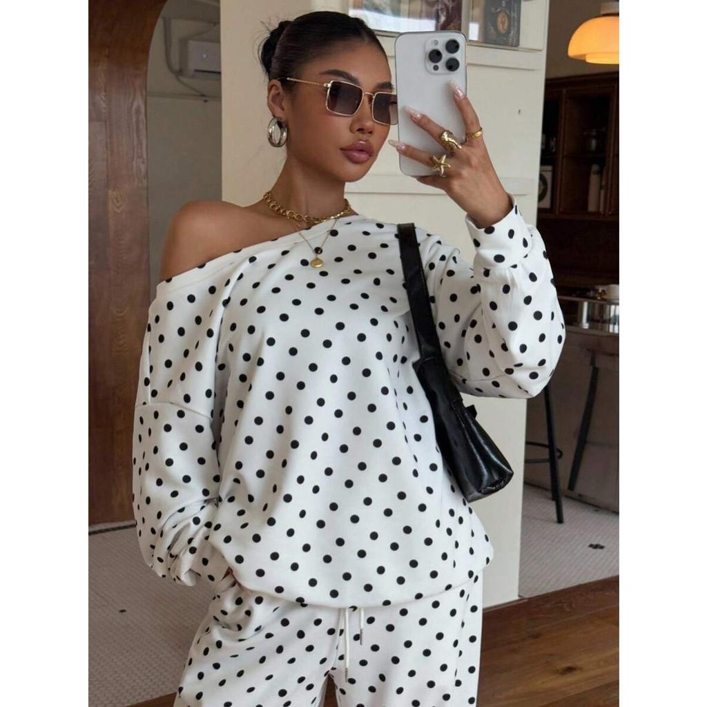 Herbst Polka Dot Print Off-Shoulder Langarm Top & Hose Set, Lässiges Lockeres Outfit für Damen, Europäische Amerikanische Mode