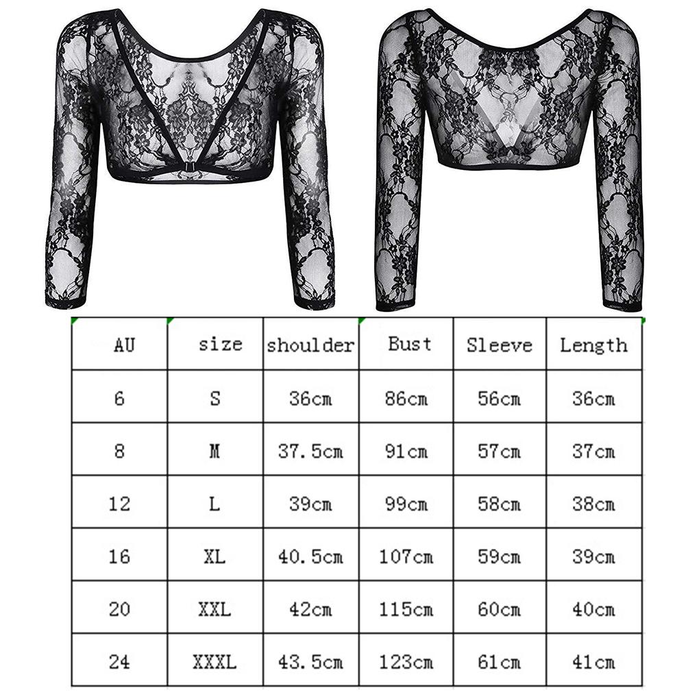 Women Girl Crop Top Solid Mesh Lace Open Front Long Sleeve Base T\-Shirt