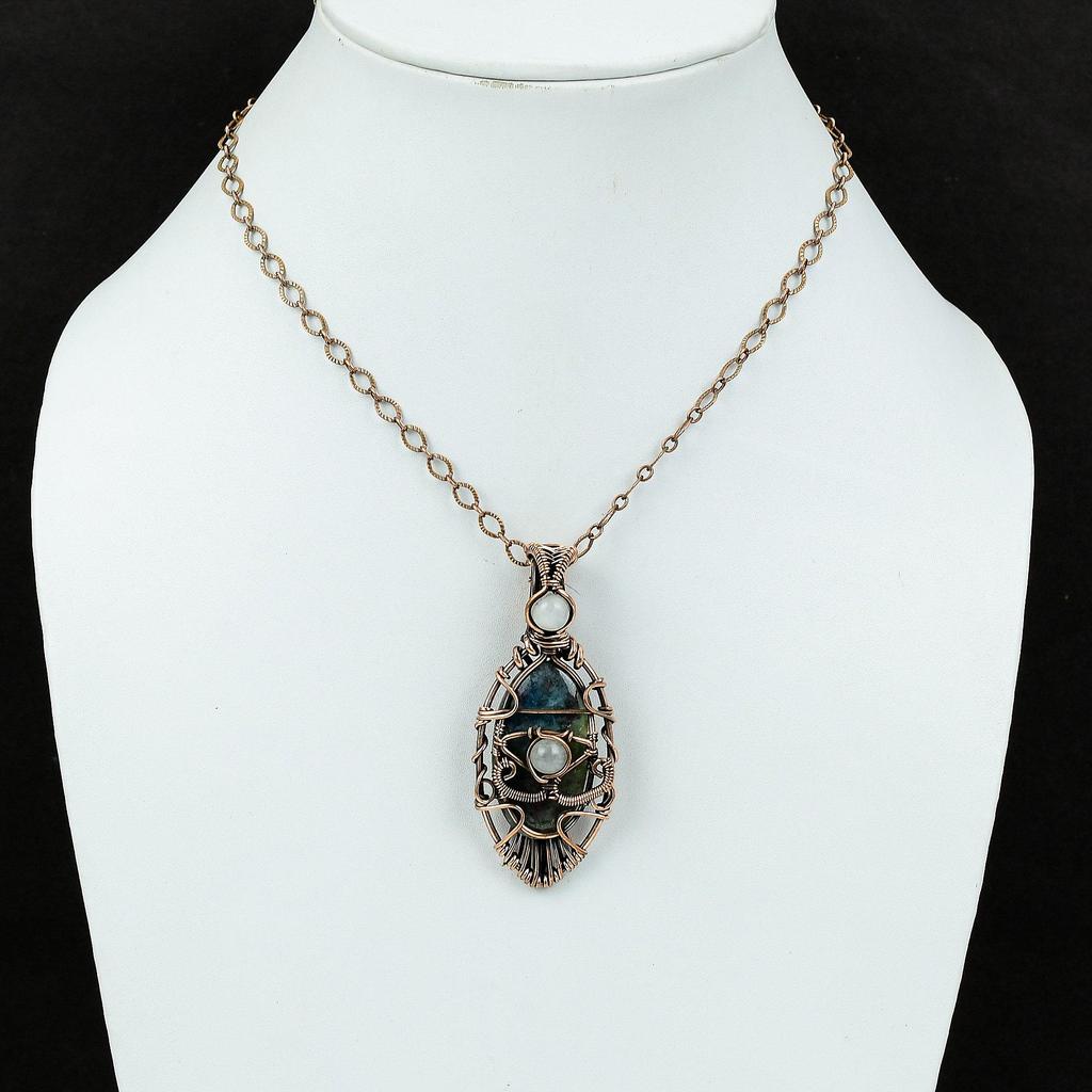 Evil Eye Ruby In Blue Kyanite Pendant Copper Wire Wrapped Pendant Rainbow Moonstone Gemstone Jewelry Handmade Evil Eye Jewelry Gift For Wife