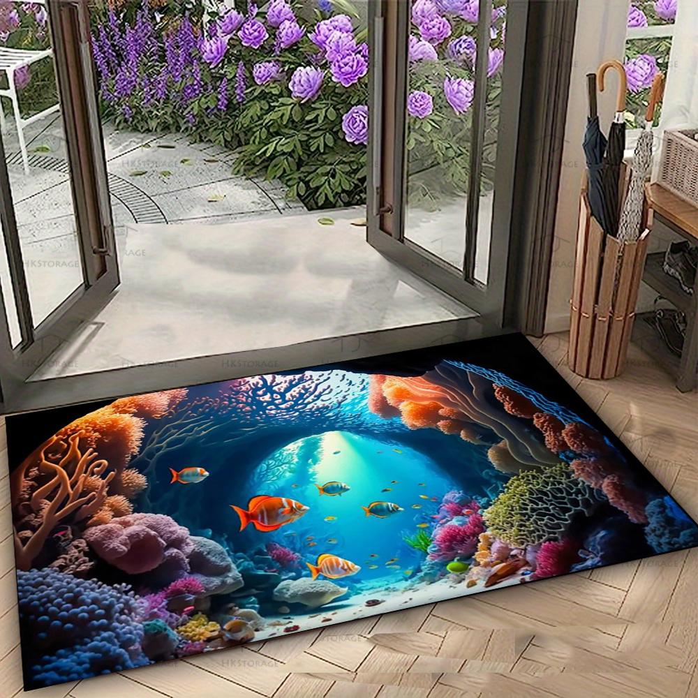 Lebendiger Meeresleben Fußmatte mit Meeresschildkröten und tropischen Fischen Rutschfester Boden Teppich für Eingang Heim Dekorative Matte