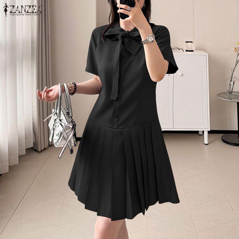 ZANZEA Kvinner Casual Turn Down Krage Sommer Kortermet Kjole