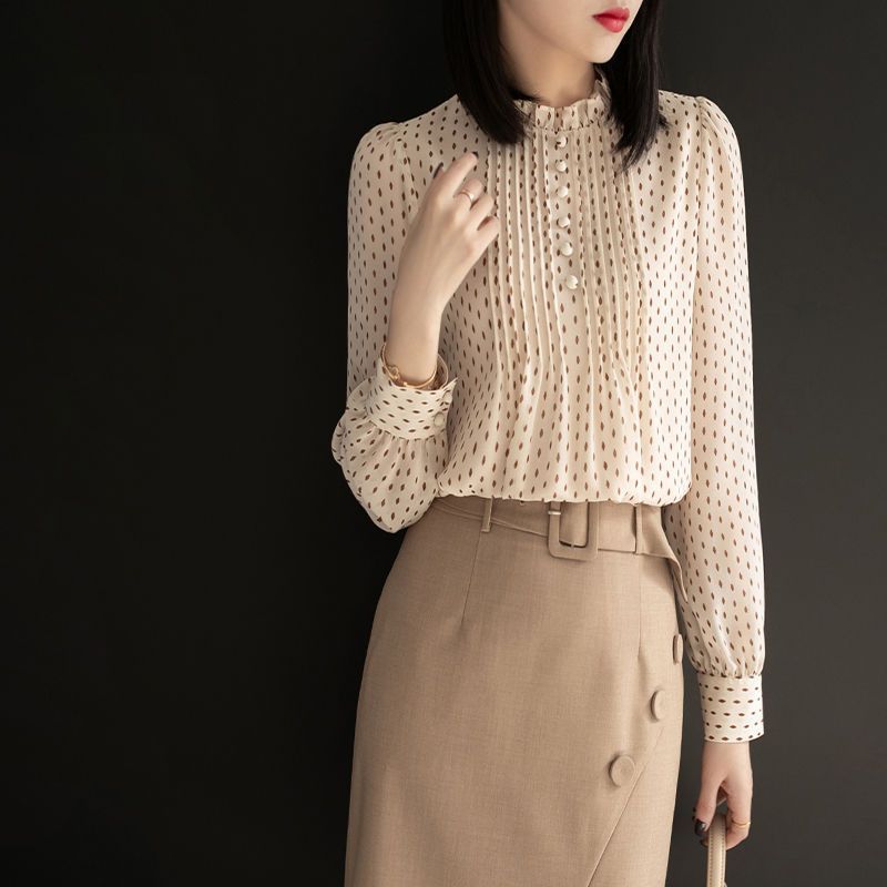 Dámské jarní a podzimní šifonové halenky, košile, dámské ležérní dlouhé rukávy s výstřihem do O, puntíkovaný tištěný šifonový blůz...