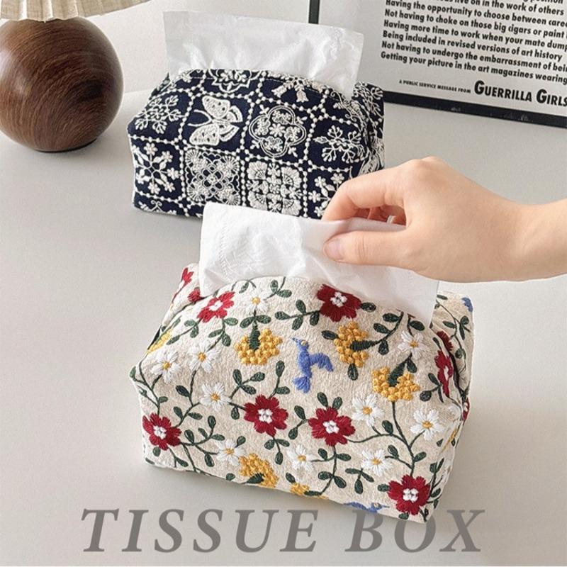 1pcs Floral Embroidered Fabric Tissue Box Decorative Desktop Tissue Organizer for Home Bedroom & Living Room
