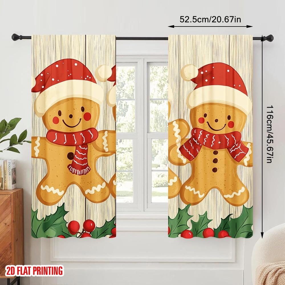 2pcs  2D plane printing Light Filtering Curtains Gingerbread Friends Christmas Holly (2) 100% Polyester (without rod) Festive for