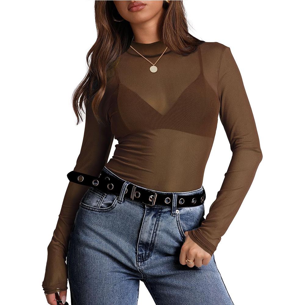 New Fashion and Versatile Women's Half Turtle Neck Perspective Long-sleeved T-shirt Sexy Y2K Mesh Top