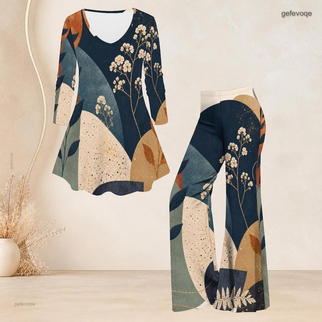 Women Plus Size Round Neck Three Quarter Sleeve Blue Printed Flared Top And Flared Pants Two Piece Set
