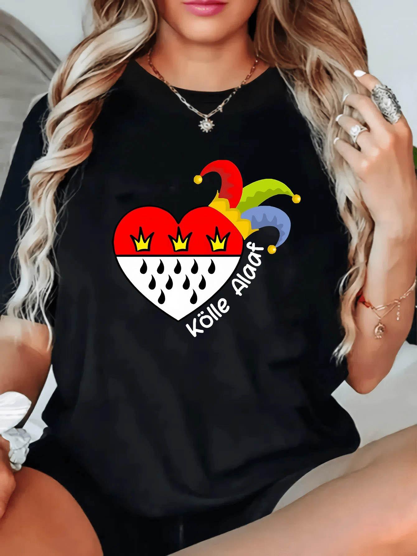 

Kölner Karneval A Ladys Roundneck Summer Tshirt with A Fun Pattern of Cologne Featuring A Clown Hat Design Vintage Clothes S