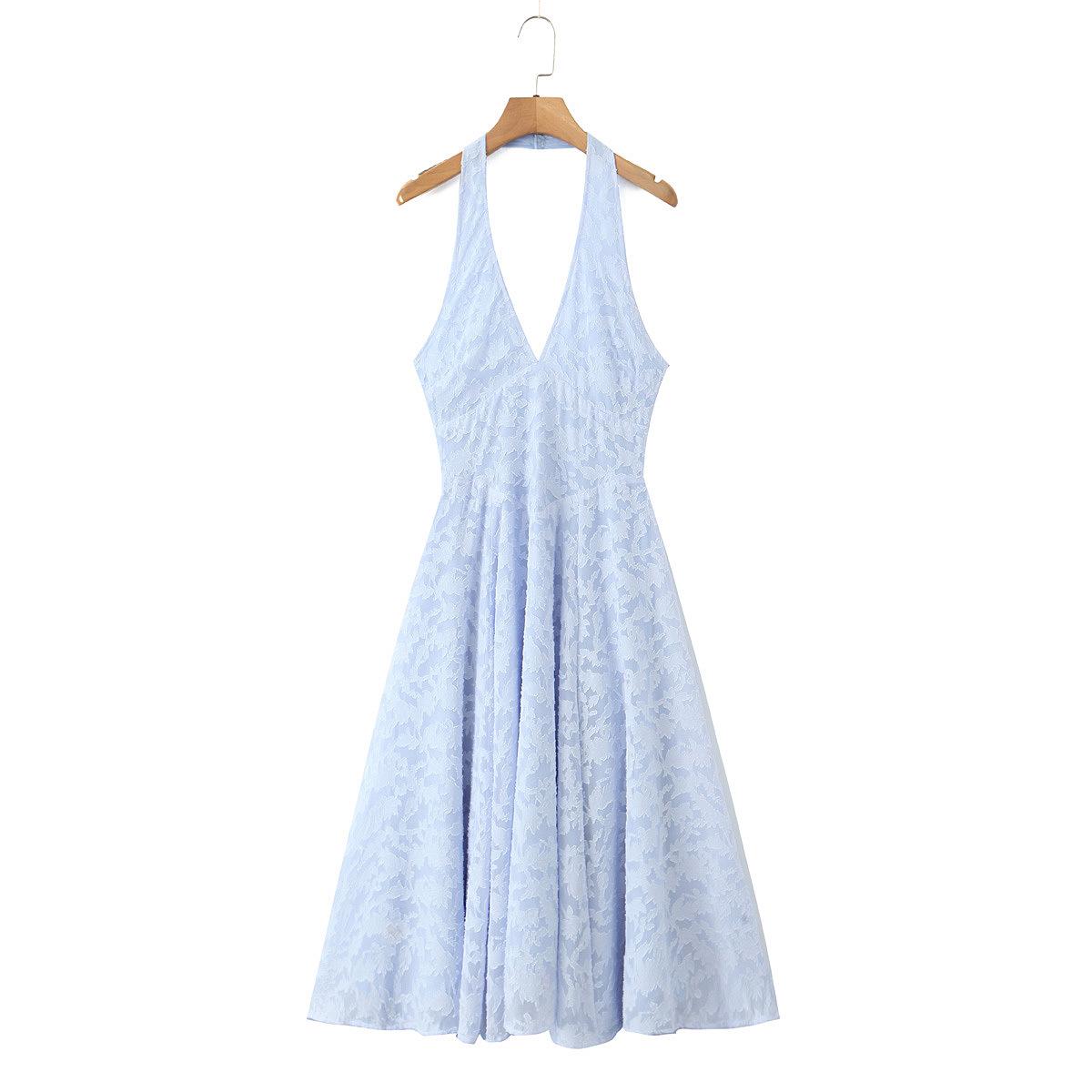 

Halter V-Neck Midi Dress with Print, Waist-Cinching Large Hem, Perfect for Summer Dates and Vacations. Large світло-синій колір