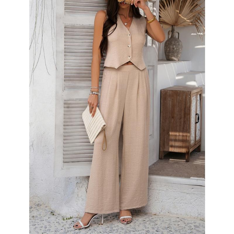 Casual Vacation Solid Color Vest Wide-leg Trousers Set
