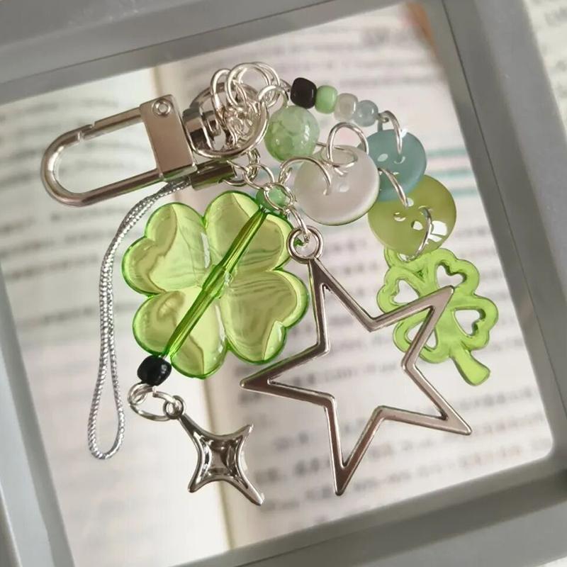 Anime Green Four Leaf Clover Cosplay Keychain Keyring Phone Chain Key Chain Star Colorful Button Pendant Jewelry Accessory Props