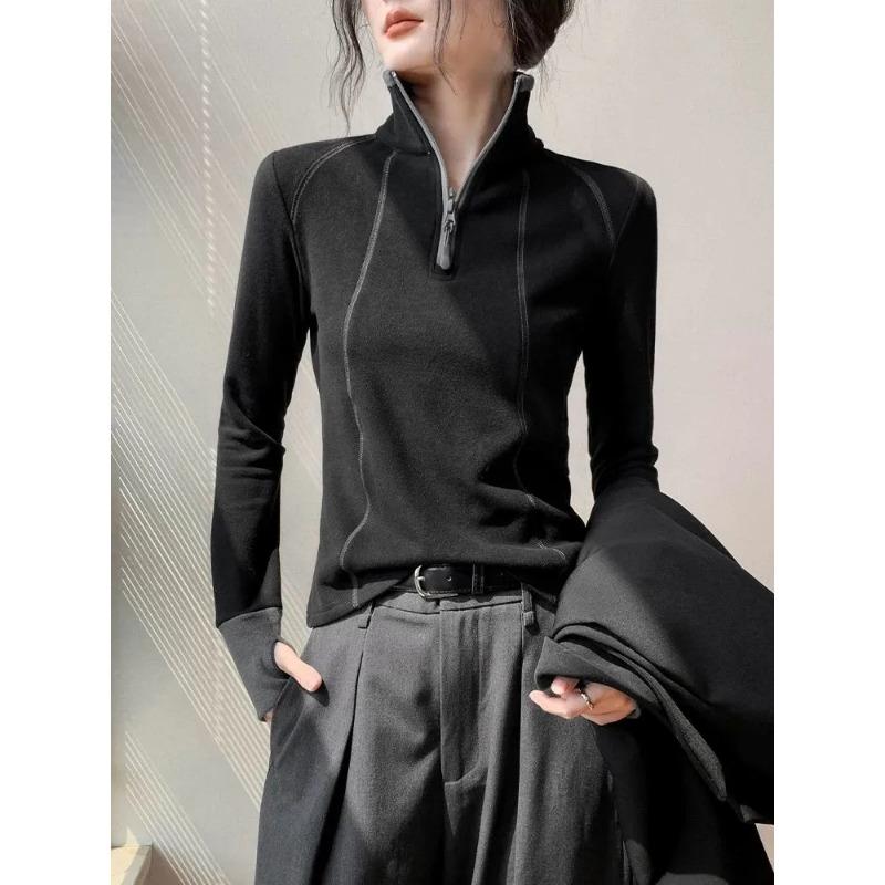 

Half-zip Stand-up Collar Sweatshirt Bottomingt Bottomingfort Slim Fit Inner Contrasting German Velvet Sports Style Top S