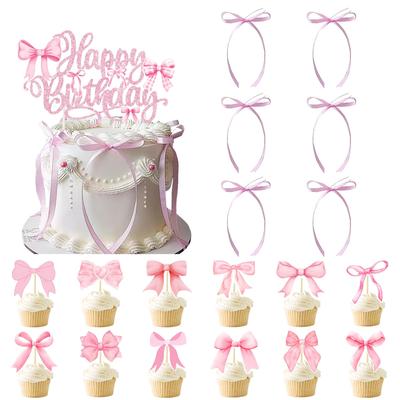 19 Pcs Bow Cake Decoration,Black Pink Blue Bow Birthday Cake Decorations, Ceremonial Birthday Decor,Bow Happy Birthday Cake Top